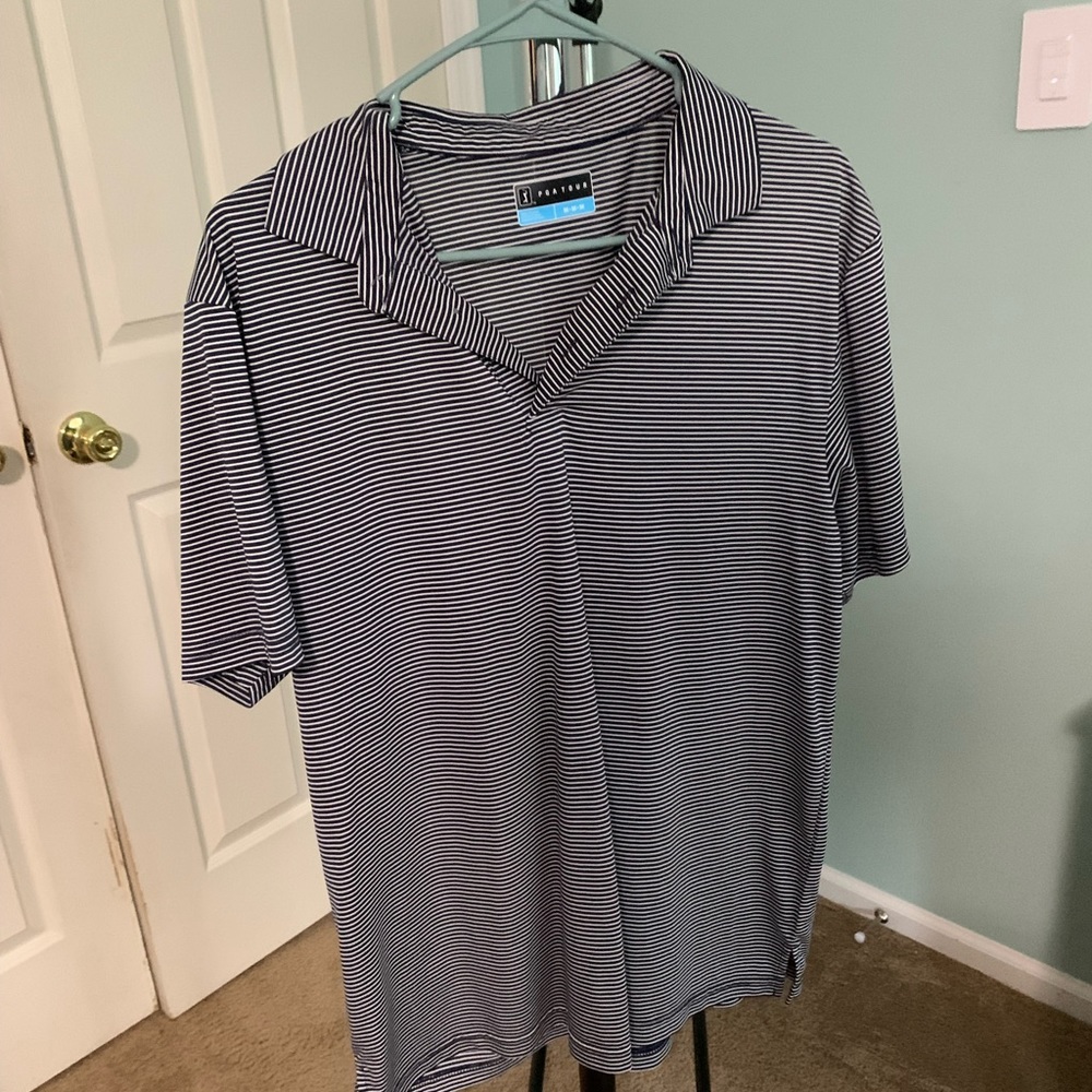 Navy and white dry-fit pinstripe polo- hardly worn